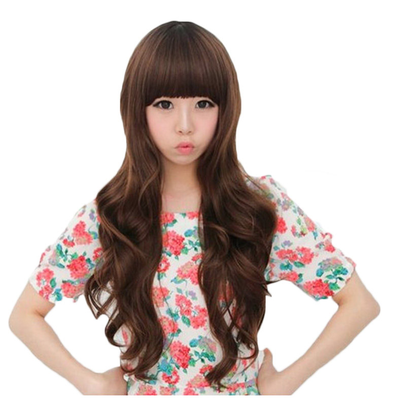 WoodFestival long wavy wig neat bangs brown black synthetic wigs curly natural fiber hair fashion