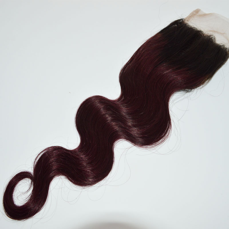 Ombre Hair 4*4Lace Closure With 3 Bundles 300gram Two Tone Dip Dye Burgundy 99J Body Wave Human Hair Weaves Closure