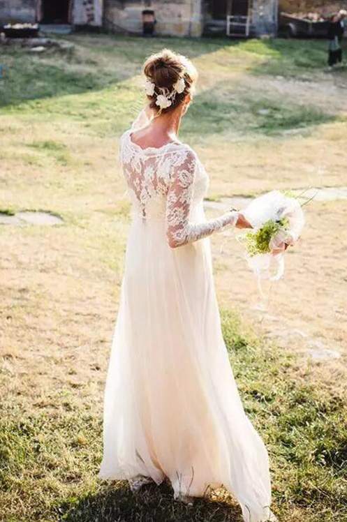 2017 Simple Maternity Pregnant Wedding Dresses Cheap V Neck Long Sleeve Illusion Back Chiffon Country Bohemian Bridal Gowns EN10101