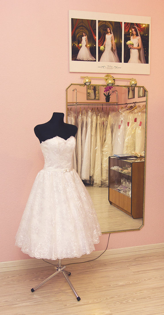 Vintage Tea Length Wedding Dress with Full Lace Skirt Satin Belt Sweetheart Real Picture Lace-up Back White Wedding Gowns