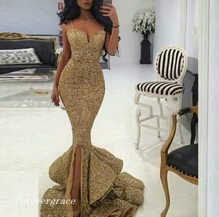 Fashion Women Luxurious Gold Prom Dress Sexy Mermaid Long Spaghettis Straps Formal Evening Party Gown Custom Made Plus Size