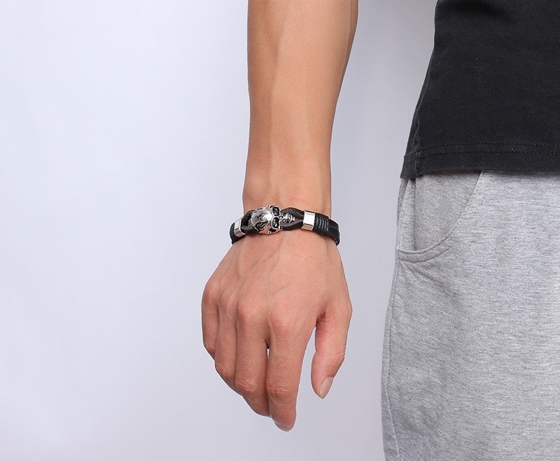 Punk Rock Mens Black Durable Leather Bracelets Gothic Skull Cuff Bangle Stainless Steel Skeleton Pulseiras Masculinas BL-224