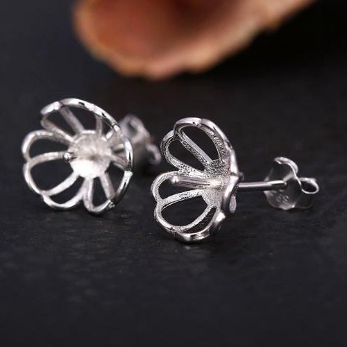Fine Silver 925 Sterling Silver Plated White Gold 6-9mm Pearl Semi Mount Women Stud Earrings Jewelry Setting