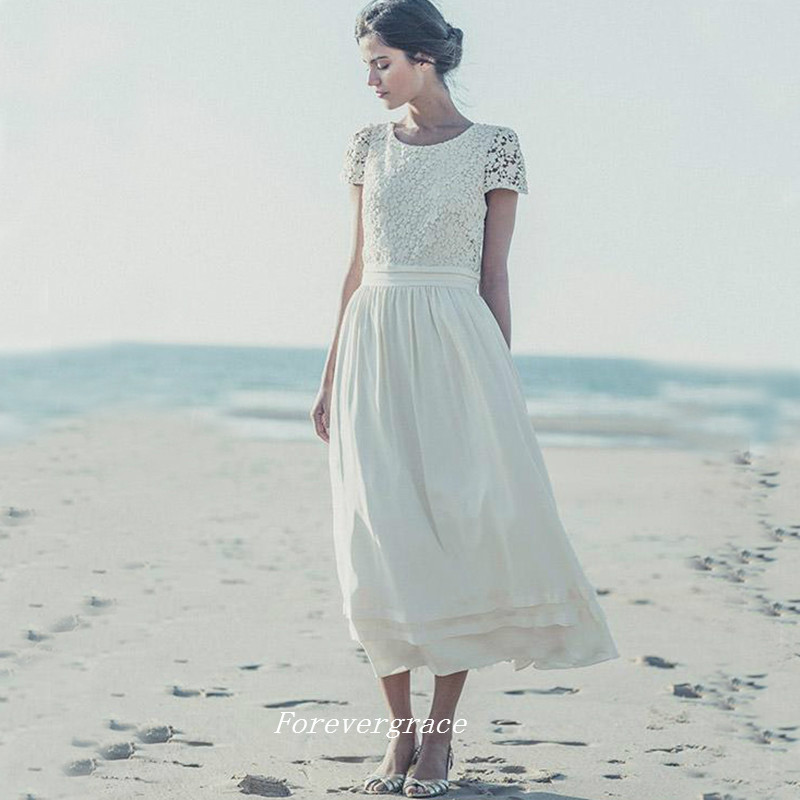 Elegant Scoop Neck Boho Beach Summer Wedding Dress A Line Lace Tea Length Women Bridal Gown Plus Size Vestido De Noiva