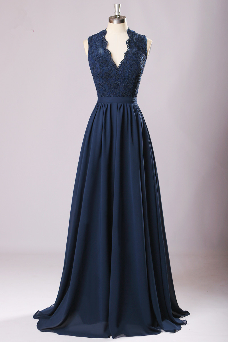 2017 Elegant V-neck Lace Prom Dresses With Cap Sleeves Appliques Chiffon Long Formal Evening Party Gown BM96