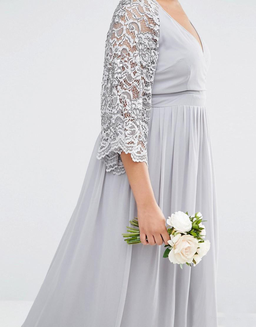 2018 Silver Chiffon Mother Of The Bride Dresses V Neck A Line 3/4 Length Lace Sleeve Mother of the Groom Dress Custom