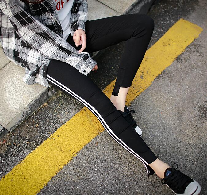 Newest arrival Stretch movement Women's Pants pencil nine feet Leggings Women side stripes were thin PW020 Womens Pant & Capris
