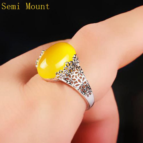 Fine Silver Flower 12x15mm Oval Cabochon 925 Sterling Silver Women Semi Mount Ring Setting