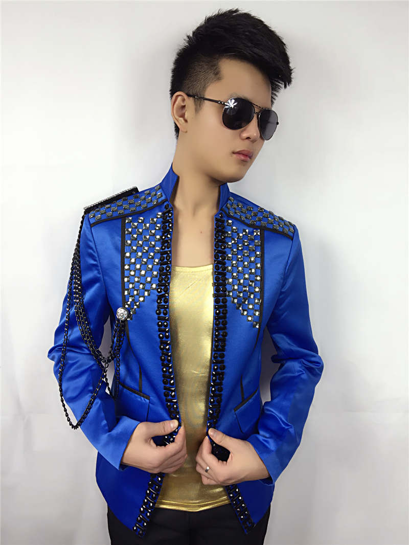 male diamonds jackets blue red black Rhinestone blazer outwear coat singer dancer performance nightclub bar groom bar fashion custumes