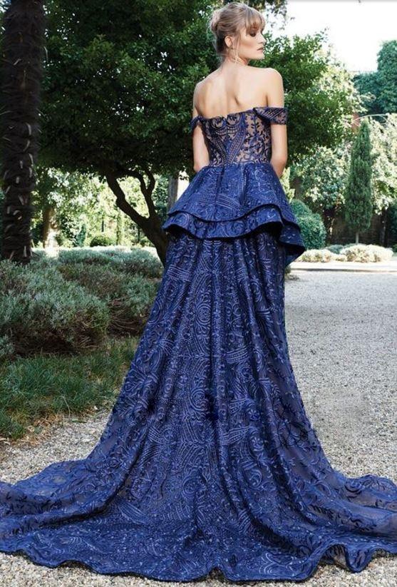Graceful Royal Blue Evening Dress Glamorous Off Shoulder Lace Applique Peplum Mermaid Evening Dress Charming See Through Formal Evening Gown