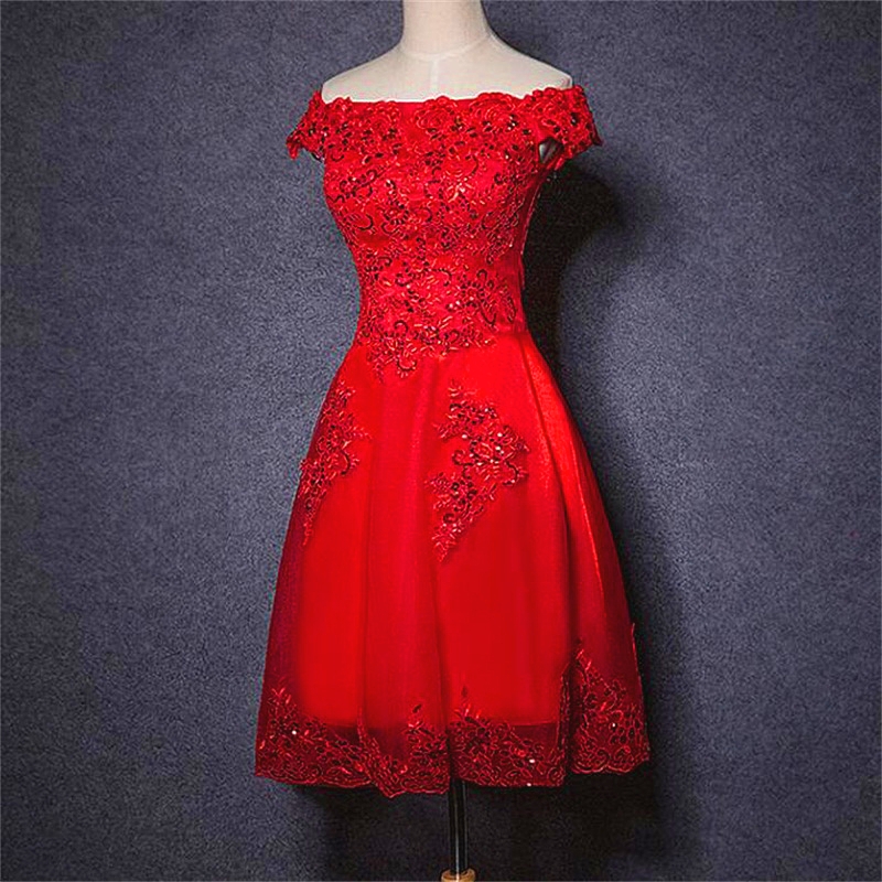 Princess Red Evening Dresses Elegant Off the Shoulder Bride Gown with Appliques Short Ball Prom Party Homecoming/Graduation Formal Dress