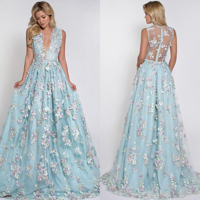 Sexy 3D Floral Appliqued Prom Dresses Long Deep V Neck Party Dress Floor Length Illusion Back Tulle Formal Evening Gowns
