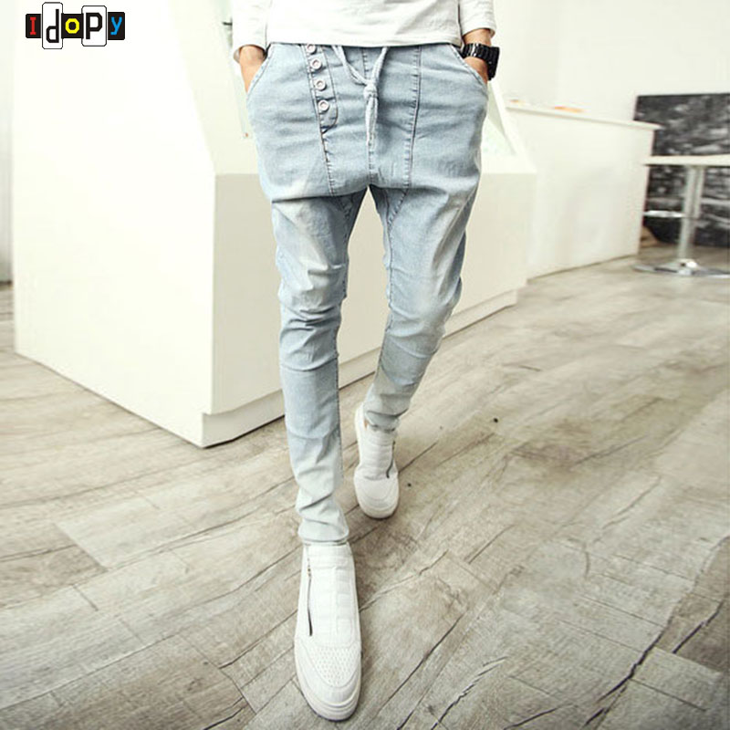 Wholesale- Fashion Men's Harem Pants Hip Hop Baggy Loose Fit Denim Pants Drop Crotch Vintage Washed Retro Trousers For Hipster