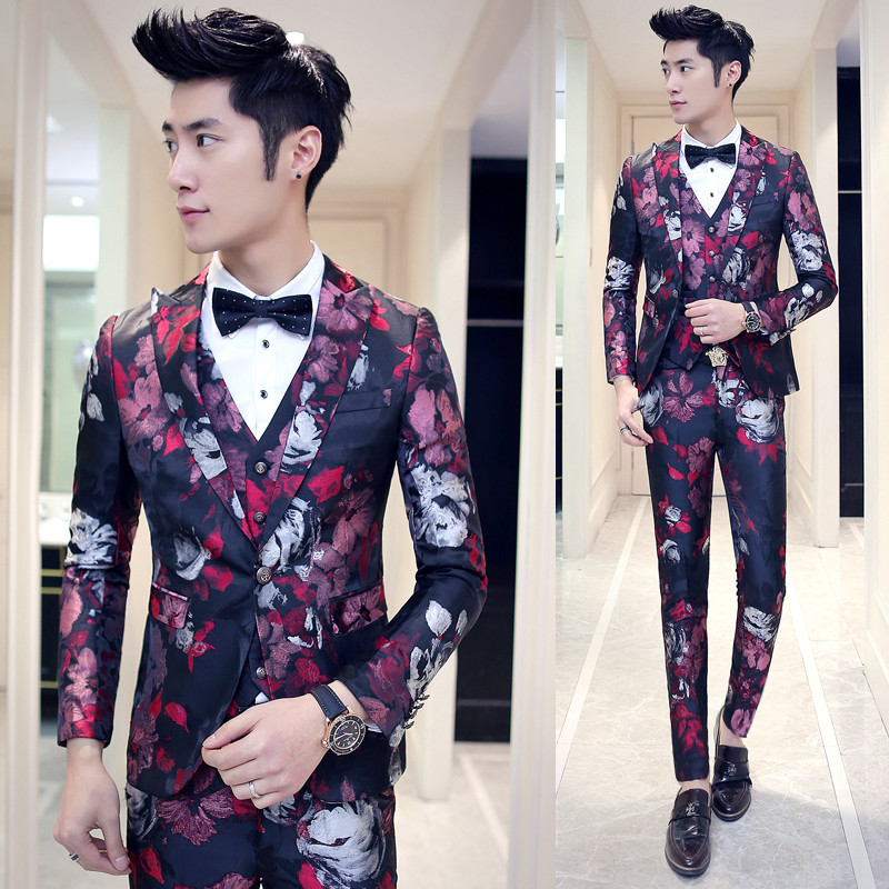 Wholesale- Skinny Suit Pants For Men 2016 New 3pcs Designer Party Prom Groom Wedding Suit Blue Red Gold Flower Trajes De Hombres De Vestir