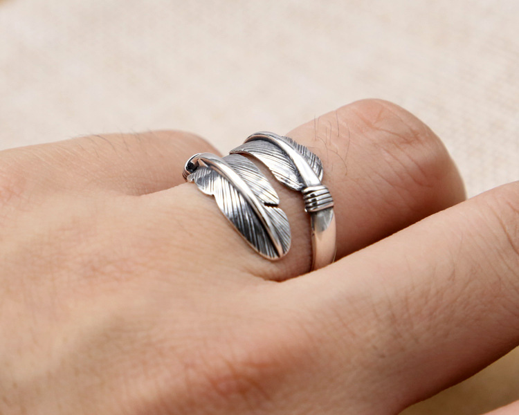 925 sterling silver fashion jewelry band ring feather shape open adjustable ring vintage style for women