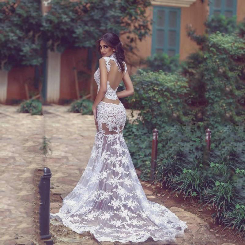 Summer 2020 Sexy Transparent Wedding Dresses High Neck Mermaid Lace Illusion Bodice Sheer Skirt Long Bridal Wedding First Night Dresses