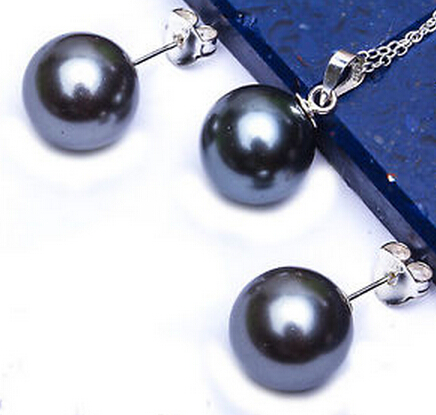 Pearl Jewelry Sets Genuine black Pearls Pendant Necklace Earrings SET Silver