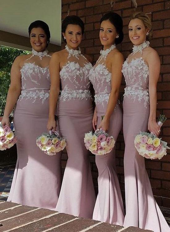 Halter Mermaid Bridesmaid Dresses 3D Floral Applique Illusion Maid of Honor Dress Sleeveless Plus Size Evening Gown Party Wear Prom Dress