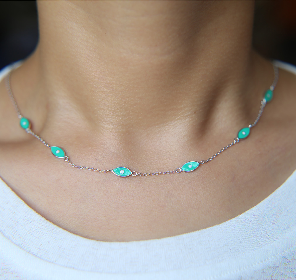 factory fine 925 sterling silver green enemal link chain choker statement jewelry evil eye silver women dainty necklace