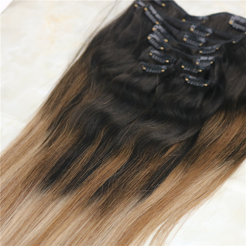 #2/6/18 Clip In Human Hair Extensions Balayage Ombre Medium Brown With Ash Blonde Balayage Highlights 120gram 7Pieces