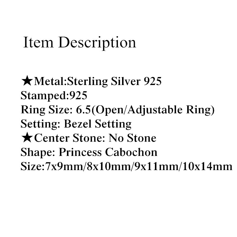 Fine Silver 925 Sterling Silver Engagement Wedding Ring For Women & Men 7x9mm/8x10mm/9x11mm/10x14mm Princess Cabochon Semi Mount Jewelry