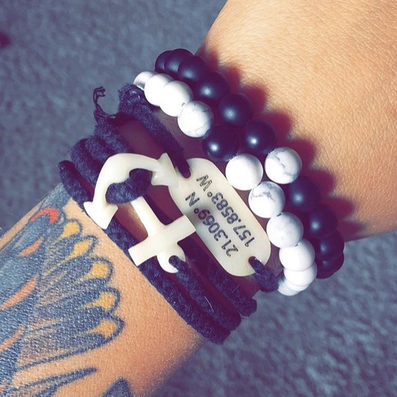 His and Hers Couple Bracelet White Turquoise&Strands Black Matte Agate Stones Wrist Strap accessories Gift Valentine's Day Holiday Christmas Symb