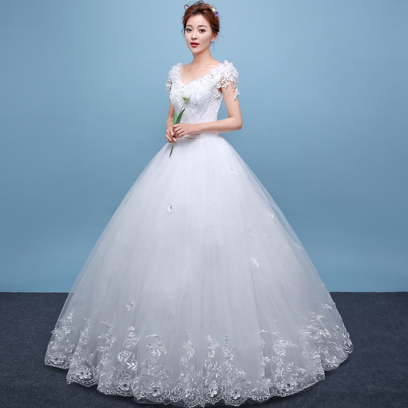 In Stock Lace Ivory Wedding Dresses Under 100 V Neck Court Train Beaded Lace Up Cap Sleeve Backless Applique Bridal Gown Cheap Free Shipping