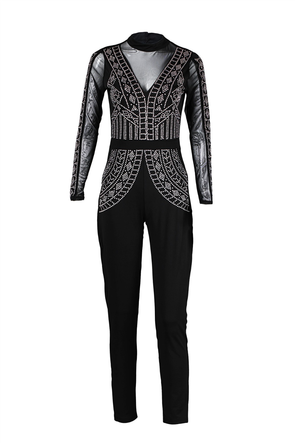 Wholesale- Sexy Sequin Long Sleeve Jumpsuit Women Autumn Winter Mesh Patchwork Plus Size Skinny Playsuit Full Length Backless Overalls 3XL