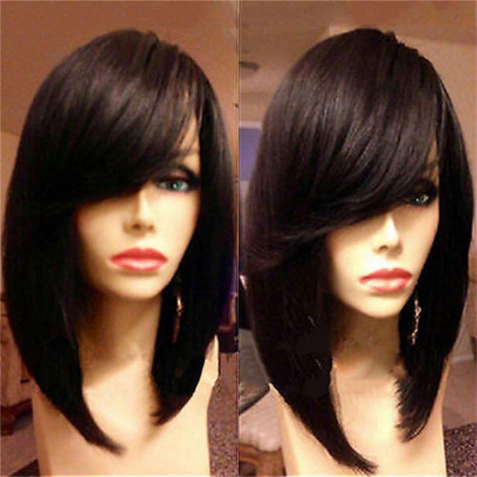Short Bob Human Hair Wig Full Bangs Glueless Short Brazilian Straight Human Hair Wig with fringe for Black Woman 180% density DIVA1