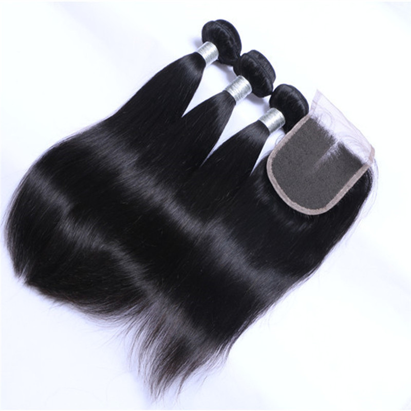 Brazilian Straight Human Hair Weaves Extensions 3 Bundles with Closure Free Middle 3 Part Double Weft Dyeable Bleachable 100g/pc