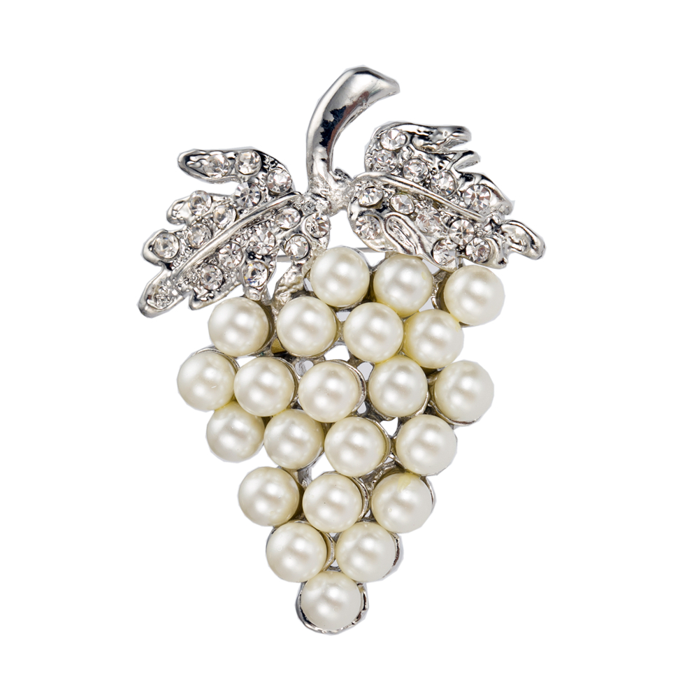 Silver plated crystal diamante Cream Pearl Grape shaped brooch pin