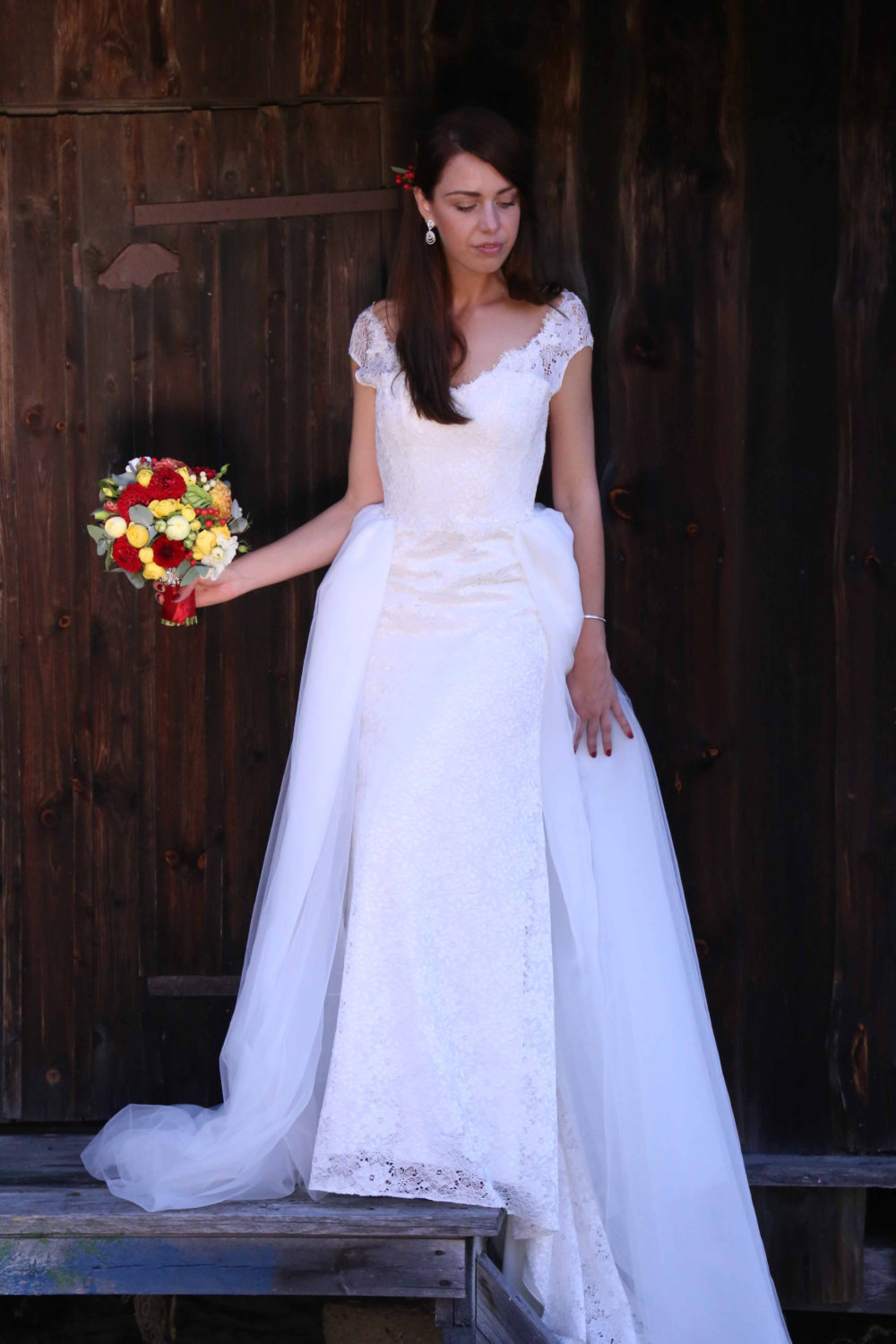 Boho Vintage Fully Lace Wedding Dress Mermaid V-Cut Back Off Shoulder Bohemian Style Detachable Tulle Train Cap Sleeve Wedding Gowns