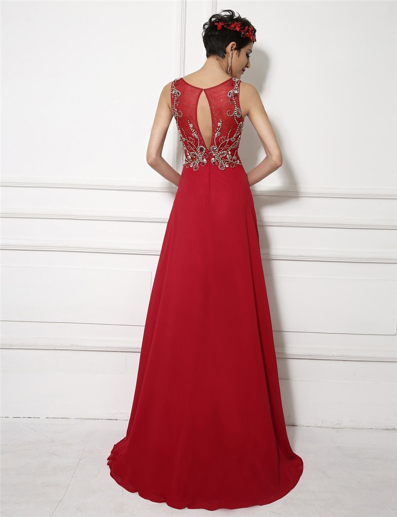 2017 Sexy Red Scoop Crystal A-Line Formal Evening Dresses With Backless Chiffon Floor-Length Plus Size Prom Party Celebrity Gowns BE13