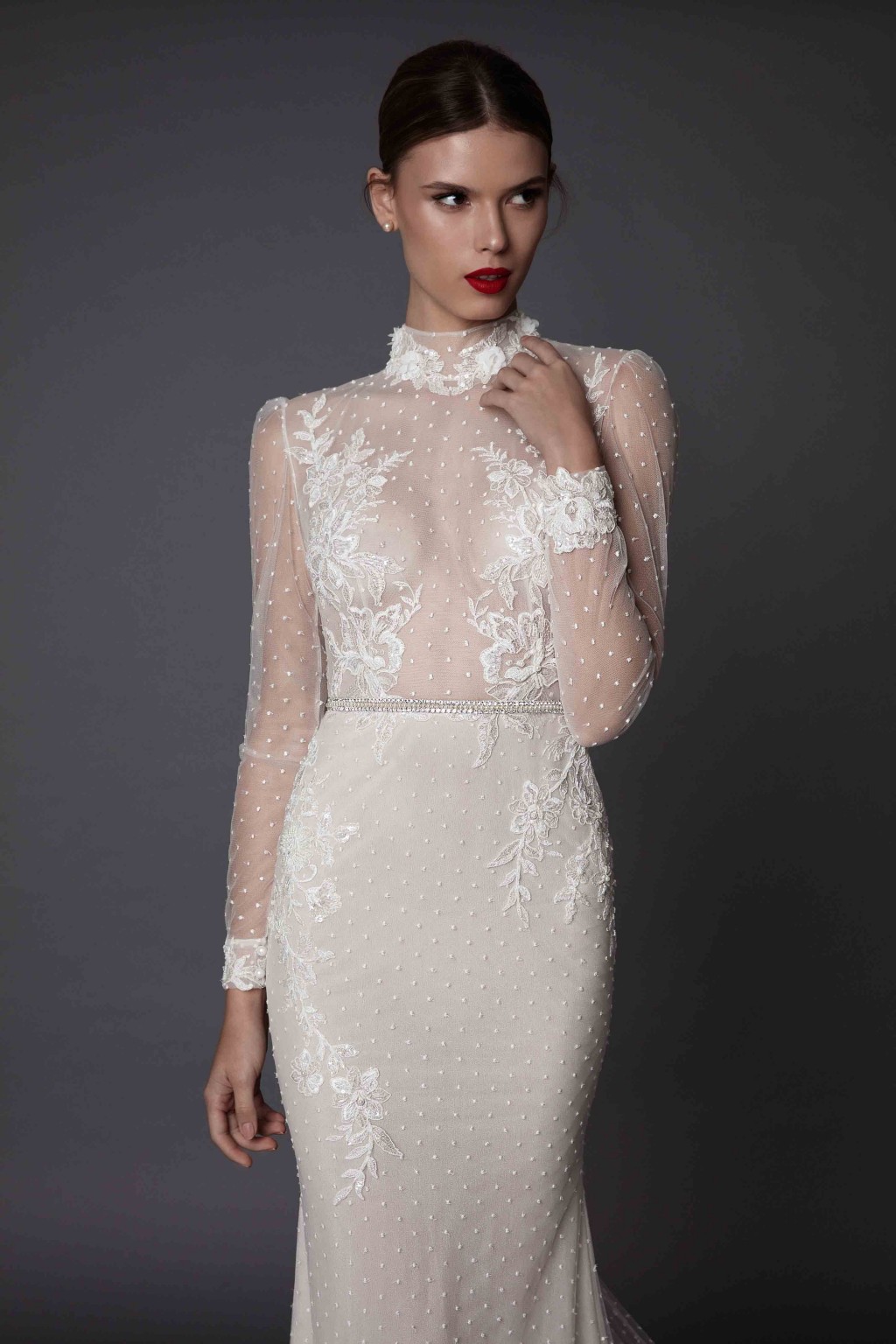 Long Berta Mermaid Sleeve Wedding Dresses Lace Applique High Neck Beads Hollow Back Sexy Illusion Fishtail Bridal Gowns