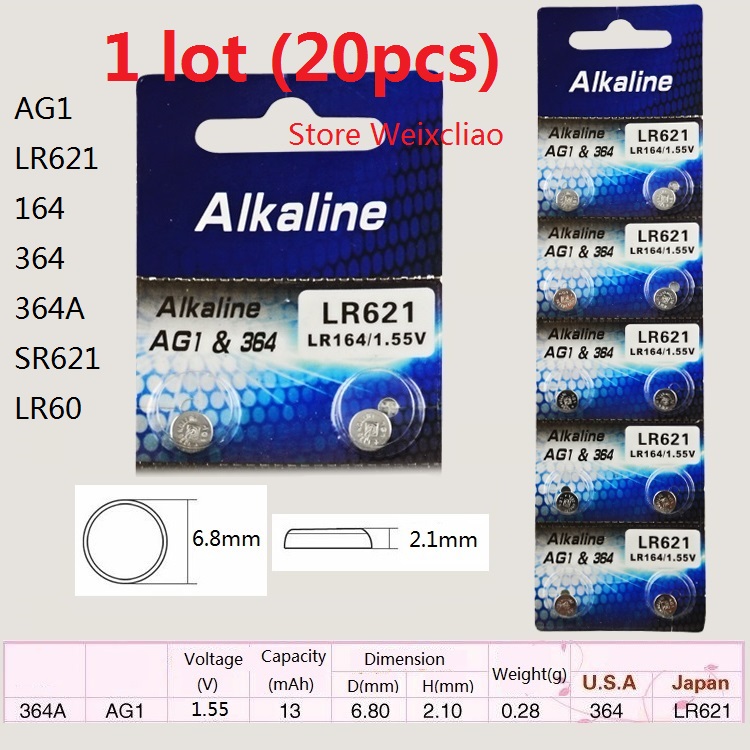 20pcs 1 lot AG1 LR621 164 364 364A SR621 LR60 1.55V Alkaline Button Cell Battery coin batteries Free Shipping
20pcs 1 lot AG1 LR621 164 364 364A SR621 LR60 1.55V Alkaline Button Cell Battery coin batteries Free Shipping