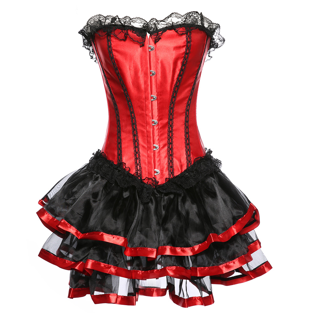 Plus Size Halloween Christmas Nightclub Red Sweetheart Lace Trim Corset with Mesh Layered TUTU Skirt Dancing Suit Women Dance Corset Outfit
