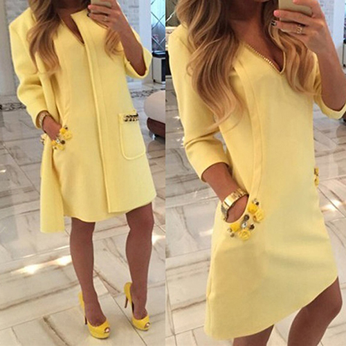 Wholesale- omen's Fashion Pure Color Package Hips Dress Sexy Deep V-neck Party Dresses 09WG