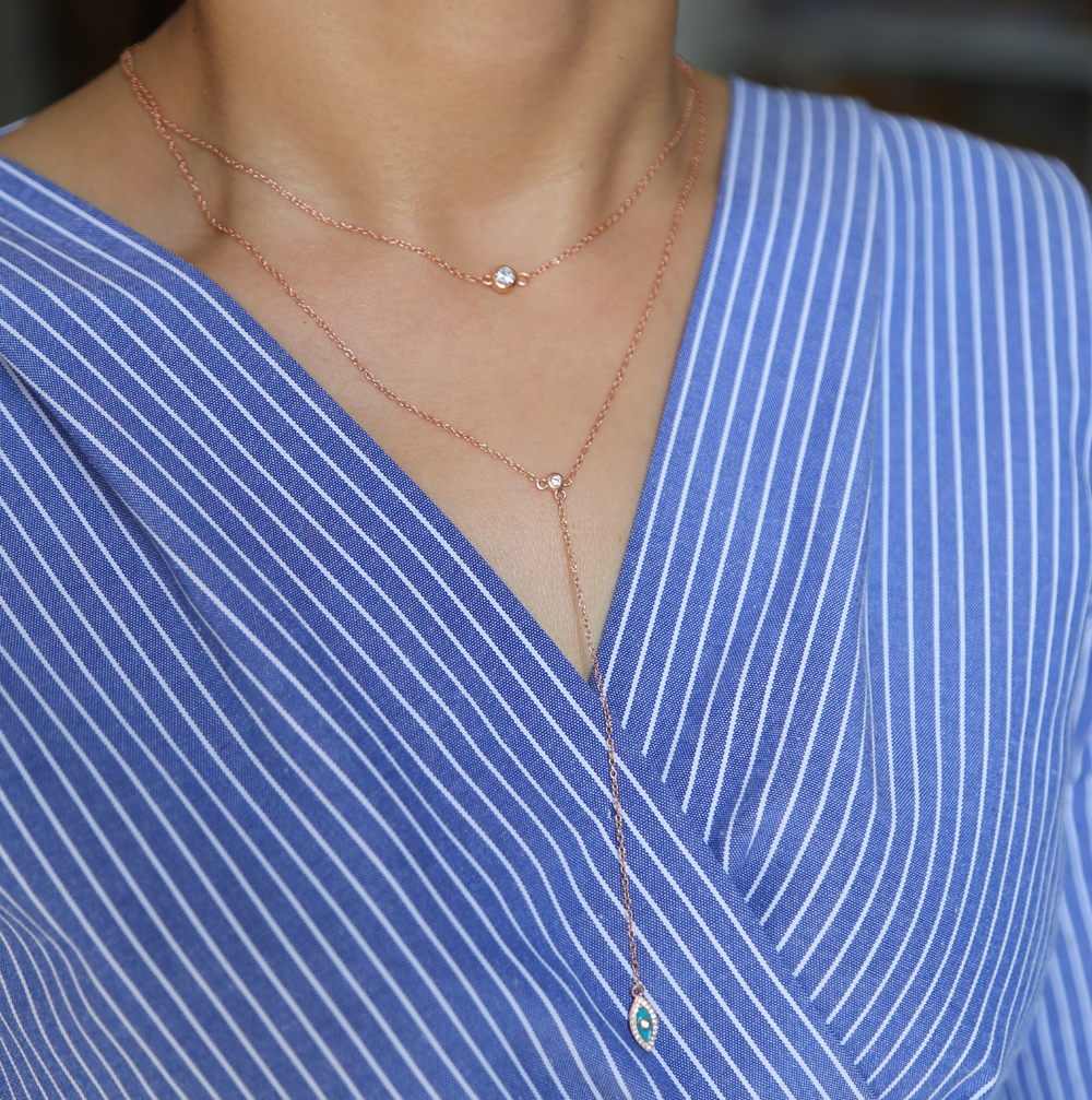 factory fine 925 sterling silver rose gold color rhodium Bling sparking cz evil eye lariat choker double layer delicate sexy women necklace