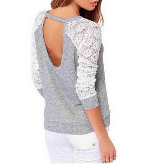 New Spring Autumn Women Backless Embroidery Lace Casual Hoodies Long Sleeve Sweatshirts Ladies Free Shipping