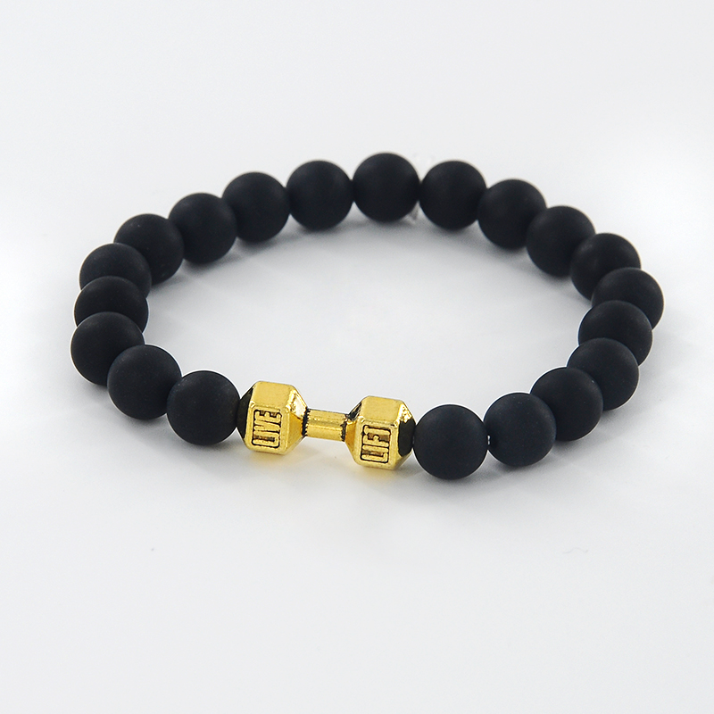 Wholesale-Mens Natural Stone Dumbbell Beaded Bracelets Unisex Black Lava Stone Beads Fitness Fit Life Prayer Bracelets Barbell Jewelry