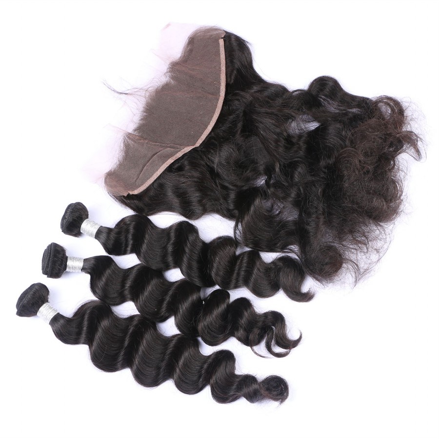 Loose Wave Brazilian Human Virgin Hair Lace Frontal With 3 Bundles 13X4 Ear To Ear Lace Frontal Natural BlackColor Human Hair Weaves Closure