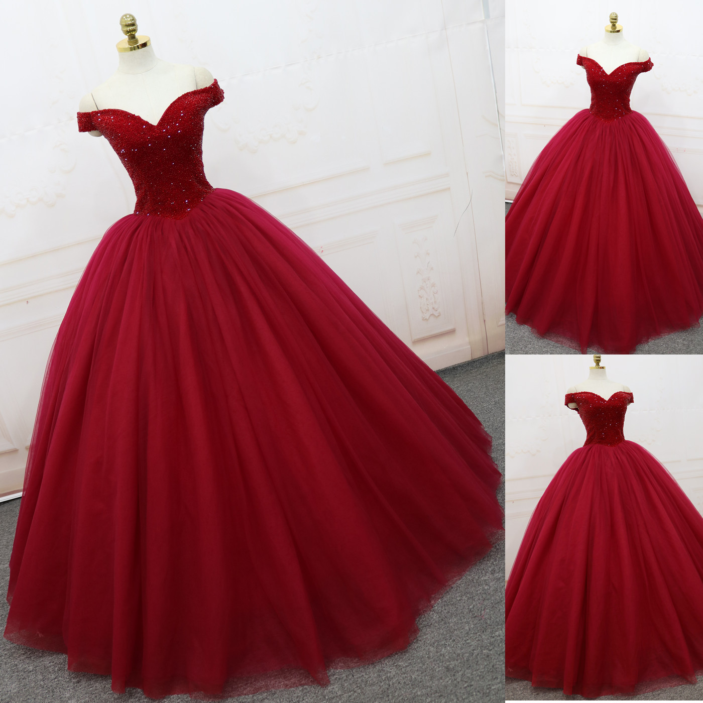 Sparkling Quinceanera Dresses Ball Gown Dark Red Evening Dress Lace-up Back Pleats Tulle Sweep Train quinceanera dresses