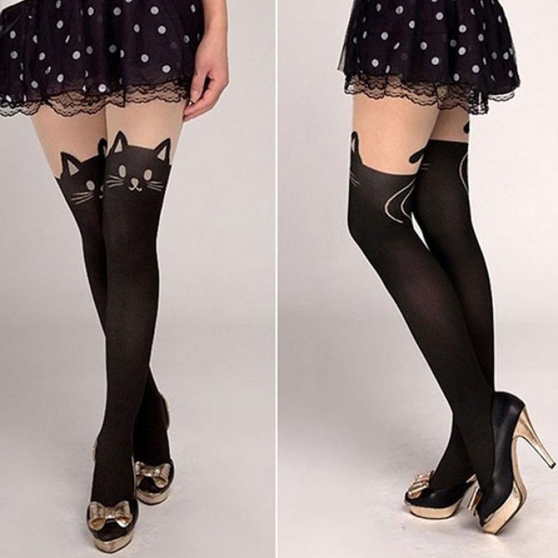 Wholesale- JECKSION Cat Printing Summer Style Women Velvet Sexy Stocking Thigh High Women's Stockings Long High Ladies Stockings Leggings