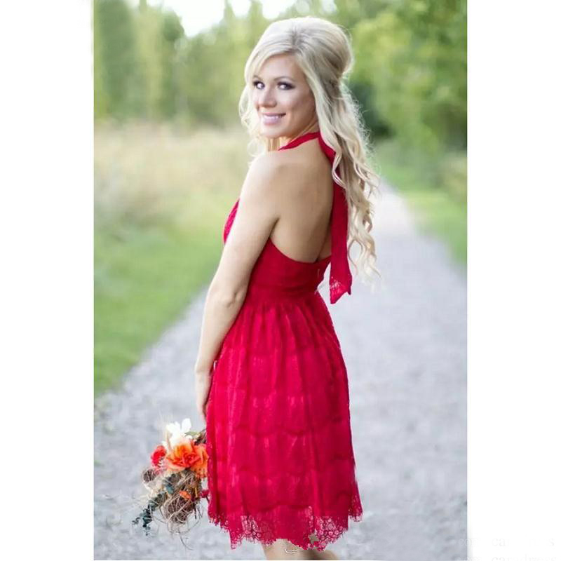 2017 Sexy Red Lace Halter Short Country Bridesmaid Dresses Casual Cheap Backless Maid Of Honor Wedding Party Dress Custom Made EN4063