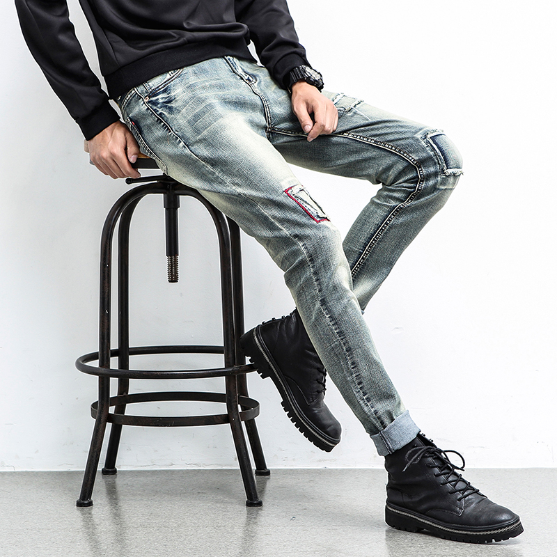 Wholesale-New Style Patchwork Mens Jeans Straight Regular Fashion Cheap Small Straight Mens Jeans Brand Clothing Cotton Mens jeans China