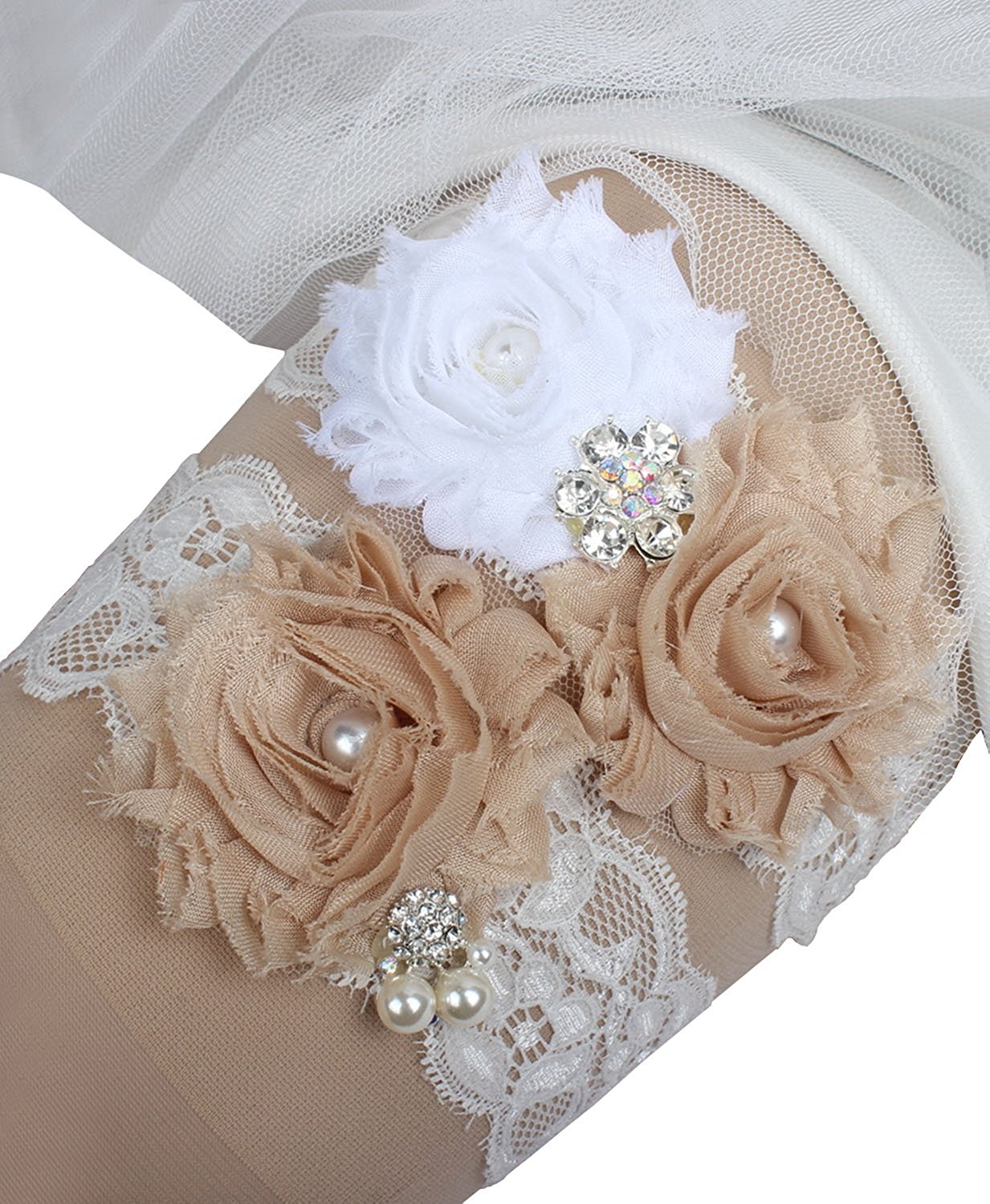 Bridal Garters Rhinestone Pearls Crystal Beads Champagne Flowers Lace For Bride's Wedding Garters Garters Plus Size Factory WholeSeller