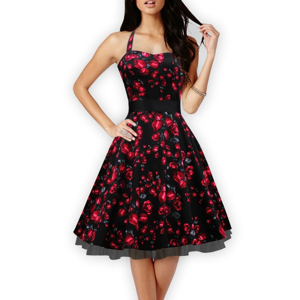 Wholesale- Audrey Hepburn vintage Halter Neck belt big swing floral dress women sexy party cocktail 50s 60s dresses robe vestidos de fiesta