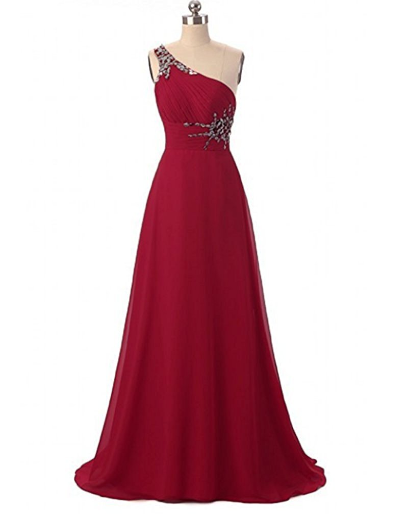 2017 New Red Chiffon Prom Dresses Beaded Crystals One Shoulder Floor-Length Party Dress Floor-Length Evening Formal Long Party Gown BM79