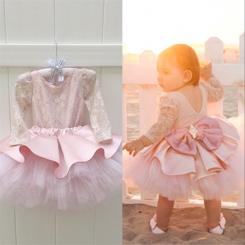 Champagne And Pink Lace Flower Girls Dress With Pink Bow Sheer Lace Long Sleeve Deep V-back Puffy Tulle Jewel Neck Pageant Dresses For Girls