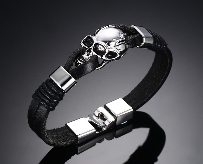 Punk Rock Mens Black Durable Leather Bracelets Gothic Skull Cuff Bangle Stainless Steel Skeleton Pulseiras Masculinas BL-224